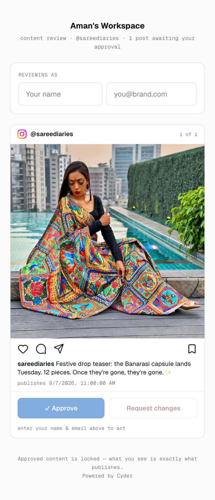 Client approving a post from their phone — no login